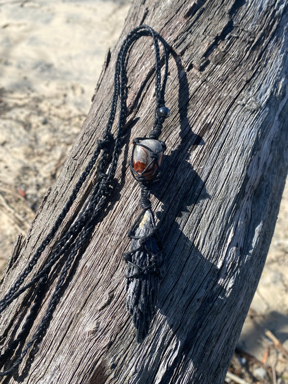 Hematite, Red Crazy Lace Agate & Black Kyanite Macramé Necklace